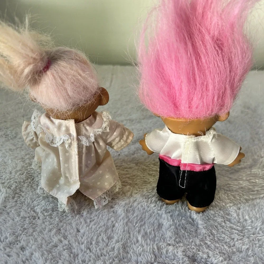 Vintage Russ Troll Doll Girl Nightgown Light Pink Hair& Groom Doll In Tux